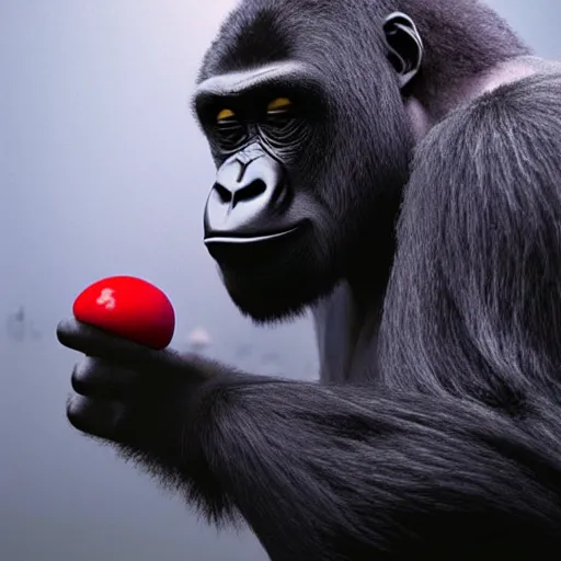 Image similar to animation key shot of a gorilla holding a very small red mushroom, chilled out smirk on face, studio ghibli, pixar and disney animation, sharp, rendered in unreal engine 5, anime key art by greg rutkowski, bloom, dramatic lighting made by banksy