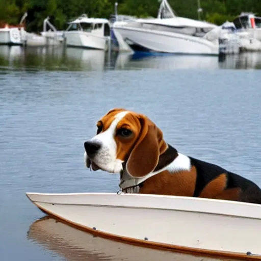 Image similar to a beagle building a boat in a bay