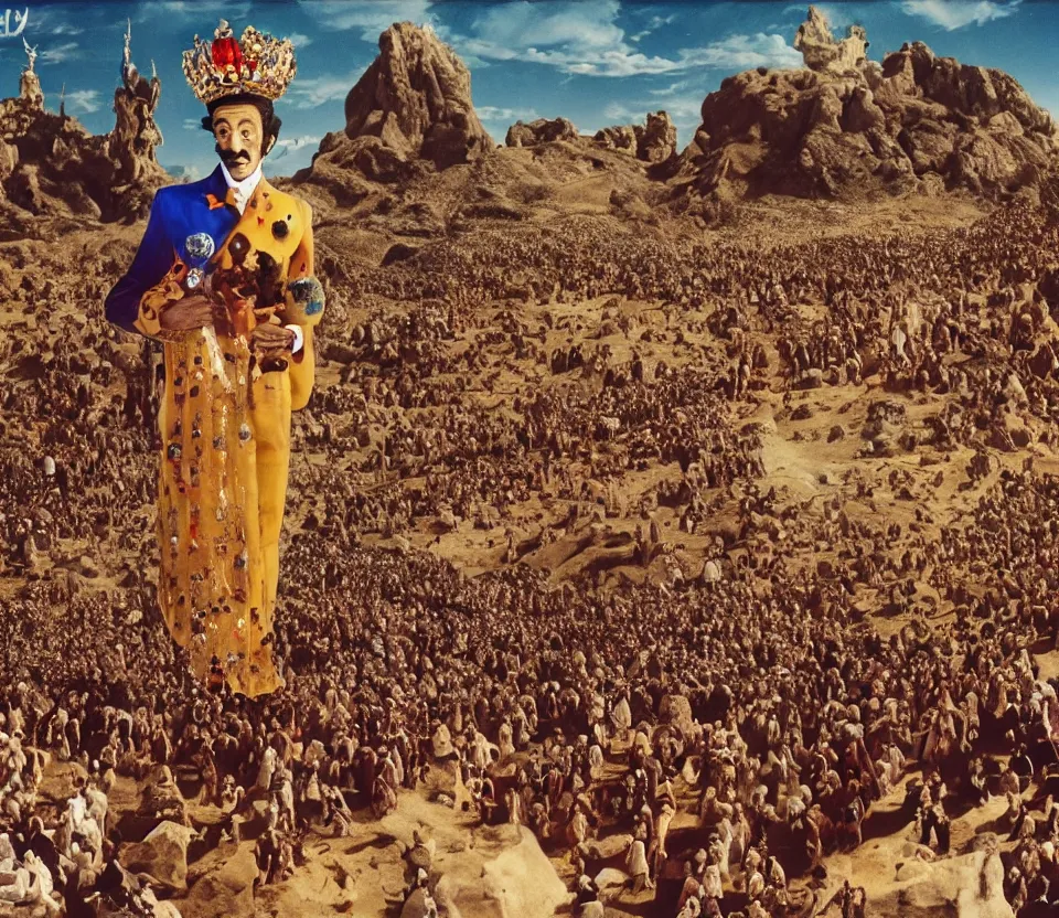 Image similar to salvador dali wearing a crown and costume with jewels in front of a huge crowd in a dry rocky desert landscape, from the movie by alejandro jodorowsky with cinematogrophy of christopher doyle and art direction by hans giger, anamorphic lens, kodakchrome, very detailed photo, 8 k