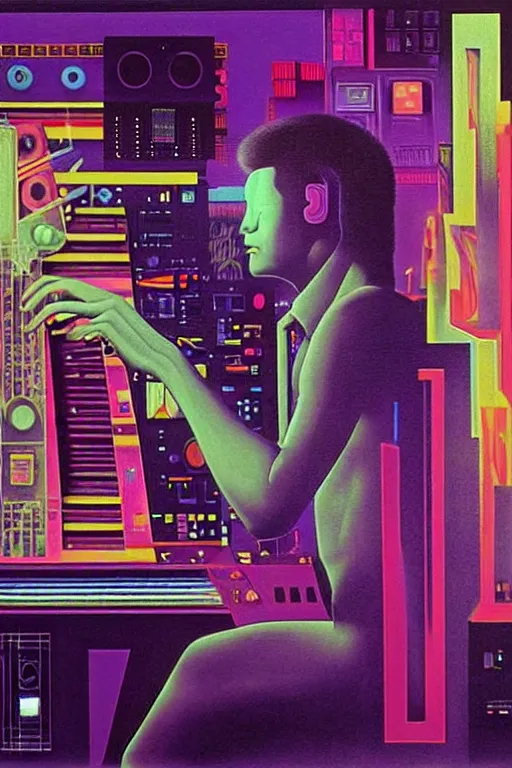 Image similar to 8 0 s art deco man playing synthesizer. speakers, computers, studio,, cinematic dramatic cyberpunk textural fluid lines purple, pink, blue, green. otherworldly vaporwave interesting details fantasy lut epic composition by basquiat zdzisław beksinski james jean artgerm rutkowski moebius francis bacon gustav klimt