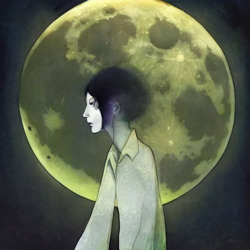 Image similar to looking at the full moon, transparent soul leaving the body, art by loish, dave mckean