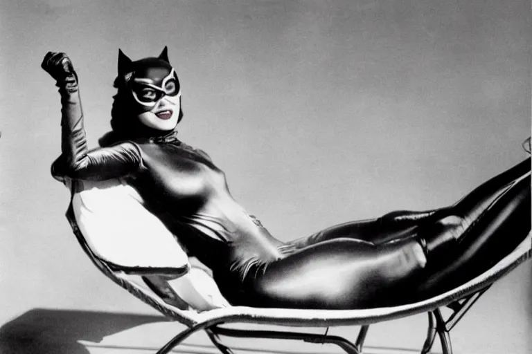 Prompt: publicity photograph of Catwoman on a lounge chair