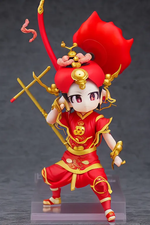 Image similar to arty chinese mythology ne zha nendoroid full body hyperdetalied, hero pose, osamu tezuka, macoto takahashi, chibi, q posket, 8 k realistic, 3 d, cryengine, exquisite, red cloth around his shoulders, hold spear, ne zha ( 2 0 1 9 ), fenghua zhong,