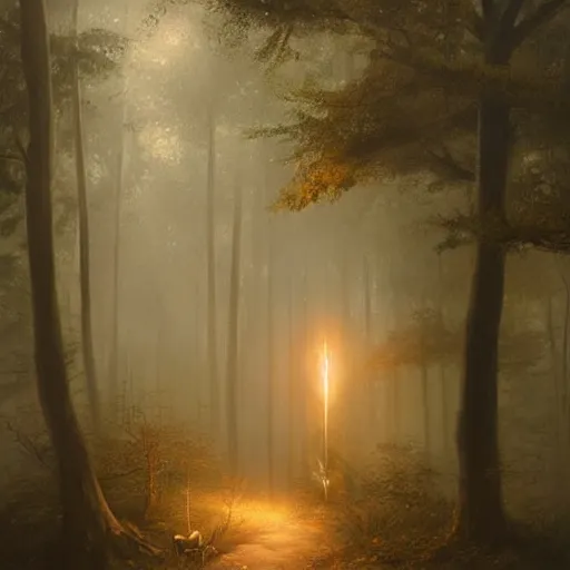 Prompt: a glowing will o the wisp in misty woods, beautiful ethereal fantasy painting by greg rutkowski