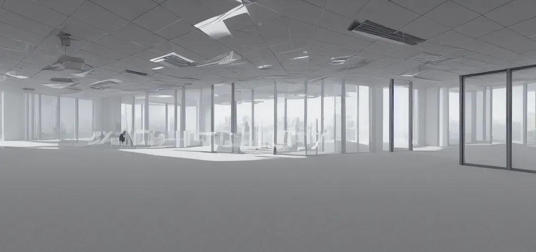Image similar to empty office in the middle of nowhere, bright, 8 k photorealistic, hd, high details, trending on artstation