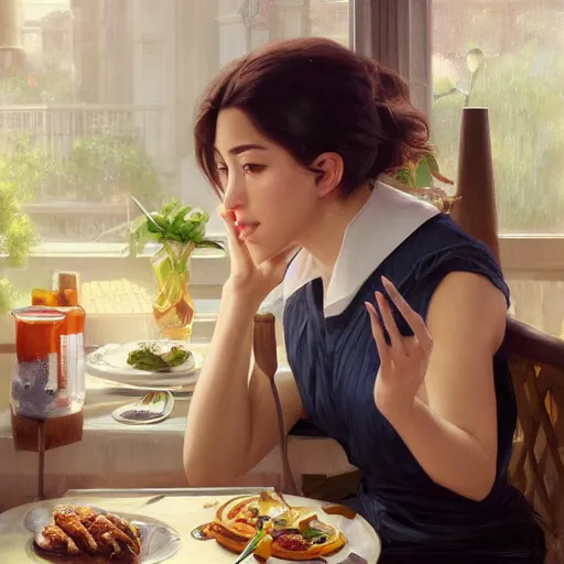 Prompt: a dinner date with the girl next door, slice of life, varying ethnicities, modern, realistic, looking at the camera, enjoying life!!! elegant, highly detailed, digital painting, artstation, concept art, matte, sharp focus, illustration, art by artgerm and greg rutkowski and alphonse mucha