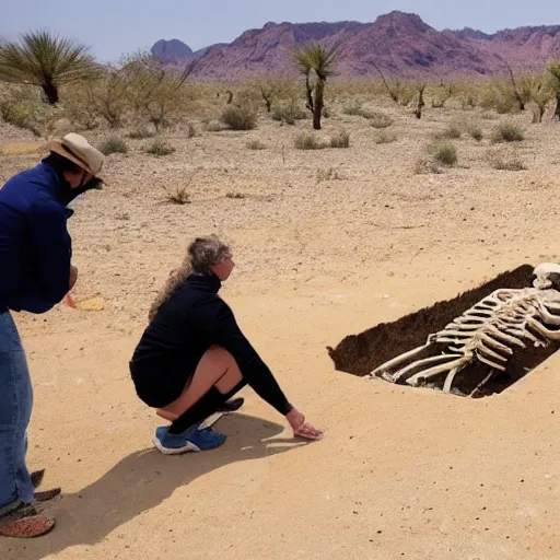 Image similar to Humans finding a skeleton of an unknown species at the desert