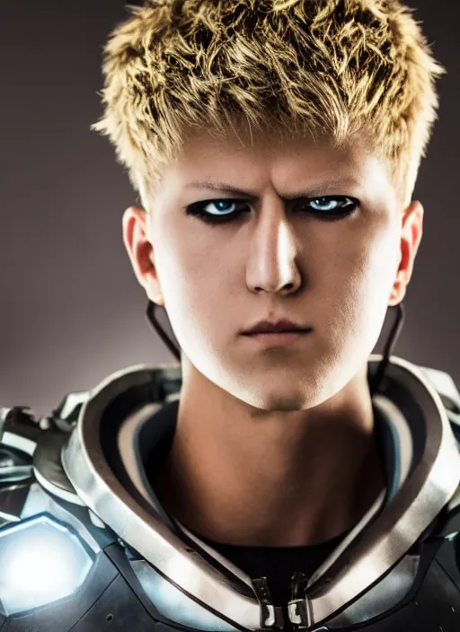 Image similar to A full portrait photo of real-life genos from one punch man, f/22, 35mm, 2700K, lighting, perfect faces, award winning photography.