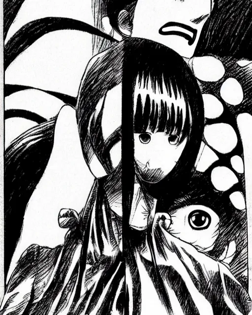 Prompt: manga artwork by junji ito