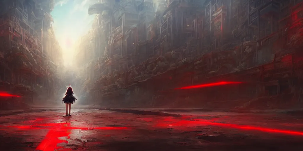 Image similar to a lost city with a loli in red standing in the middle of the road, 4 k resolution, ultra detailed, matte oil painting, mysterious, artstation