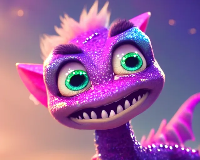 Image similar to character design of a cute baby dragon, big eyes, soft scale texture, pastel colours, colorful, shiny glitter crystals, cute, adorable, pixar animation style, detailed, soft light, octane render, cute, 4 k,