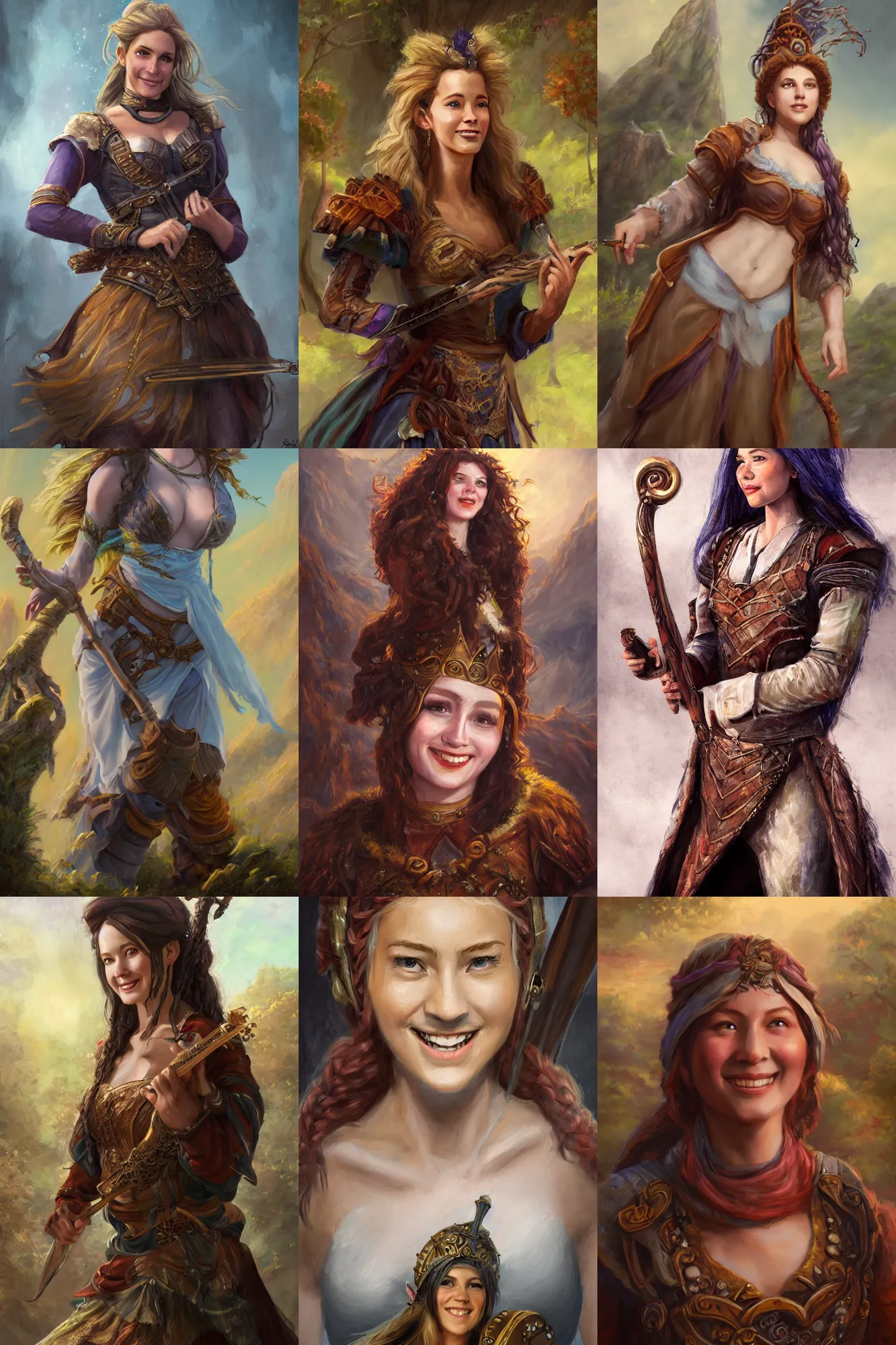 Prompt: a full body high detail fantasy portrait oil painting illustration of a single beautiful smiling bard woman by justin sweet with face and body clearly visible, in a scenic background, pretty eyes, realistic proportions, d & d, rpg, forgotten realms, artstation trending, high quality, sombre mood, artstation trending, muted colours, entire person visible!