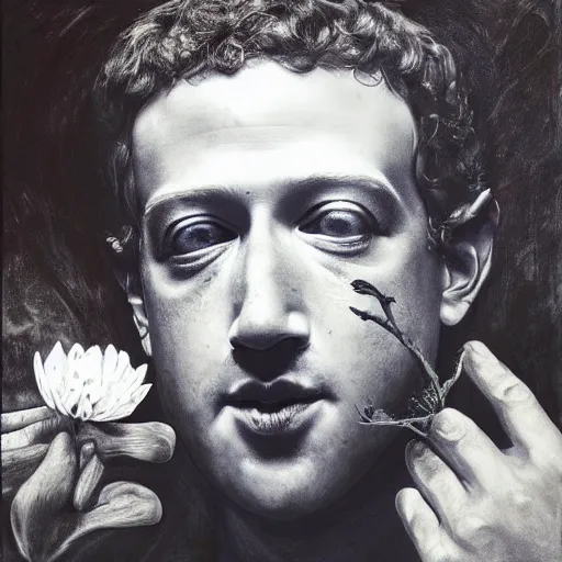 Prompt: mark zuckerberg holding a flower by h.r. giger, horror