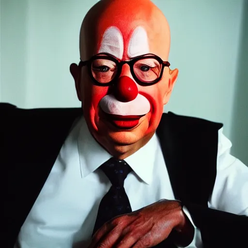 Prompt: UHD candid photo of Klaus Schwab dressed as Dr. No, wearing extremely accurate clown makeup, accurate face, UHD, photorealistic, correct face, photo by Annie Leibowitz