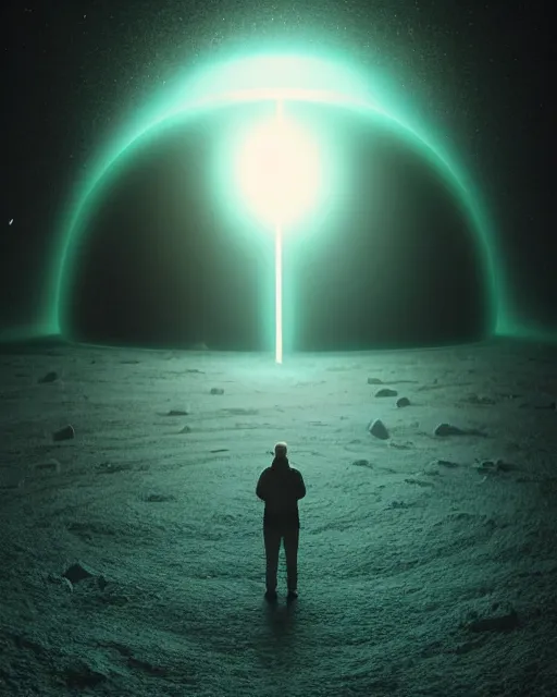 Image similar to a person standing in front of a glowy open door that's on a barren moon, poster art by mike winkelmann, trending on cg society, space art, sci - fi, ue 5, futuristic, volumetric lighting, light casting onto the ground, neat composition and camera angle