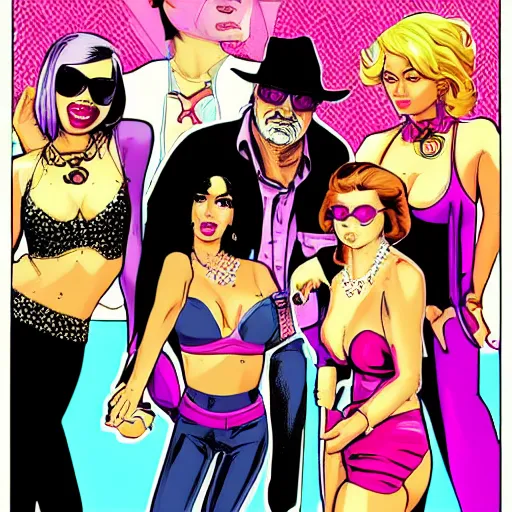Prompt: pimp surrounded by girls in the style of gta vice city, comic book, cartoon, jim steranko