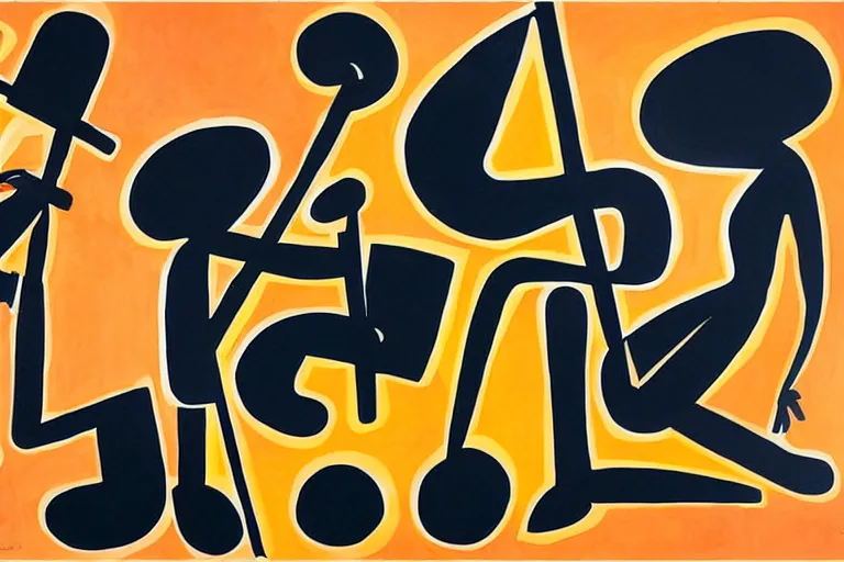 Image similar to four musicians playing with musical notes as abstract art in the style of Stuart Davis
