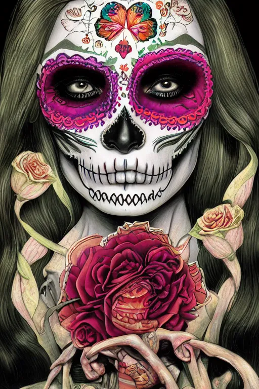 Prompt: Illustration of a sugar skull day of the dead girl, art by jim burns