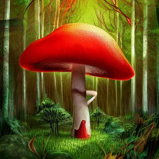 Image similar to Mushroom forest, biopunk, lush, vegetation, tall trees, godrays, falling leaves, woman, red dress, red mushrooms, digital art, 8k, trending on artstation