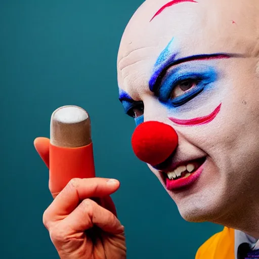 Image similar to a bald doctor wearing clown makeup