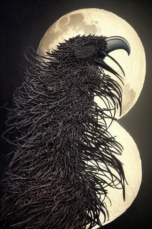 Image similar to Intricate stunning highly detailed raven by agostino arrivabene and Vladimir Kush, metal sculpture, ultra realistic, Horror, dramatic lighting, full moon, blood moon, thick black swirling smoke, volcanic smoke plume, burning fire embers