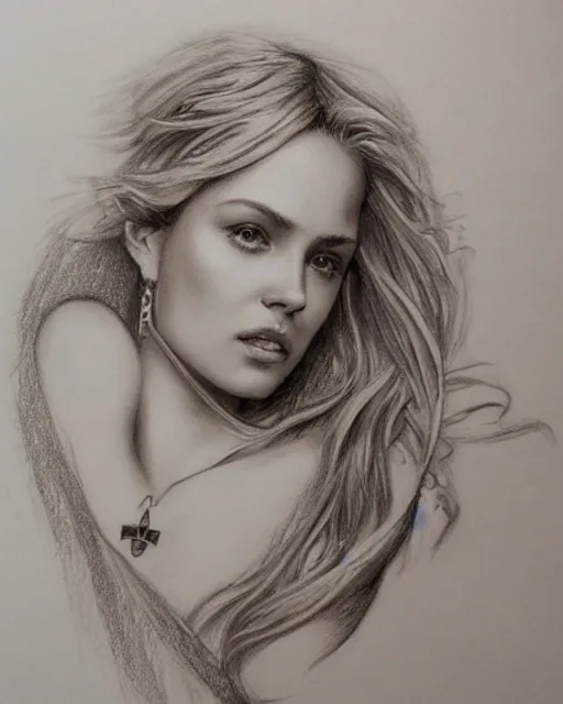 Image similar to pencil drawing of beautiful greek goddess aphrodite with arrowhead jewelry, beautiful piercing eyes, beautiful blonde hair flying in the wind, hyper realistic face, in the style of greg rutkowski, fantasy, amazing detail, epic, elegant, smooth, sharp focus, from the front