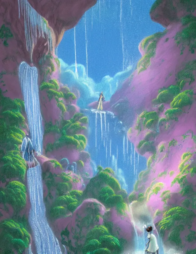 Prompt: full - figured techno - embroidered androgynous man decorated with filigree and beads walks by a waterfall in the sky, safe for work, vivid pastel color scheme, by award - winning concept artist, dynamic composition, backlighting, radiant light