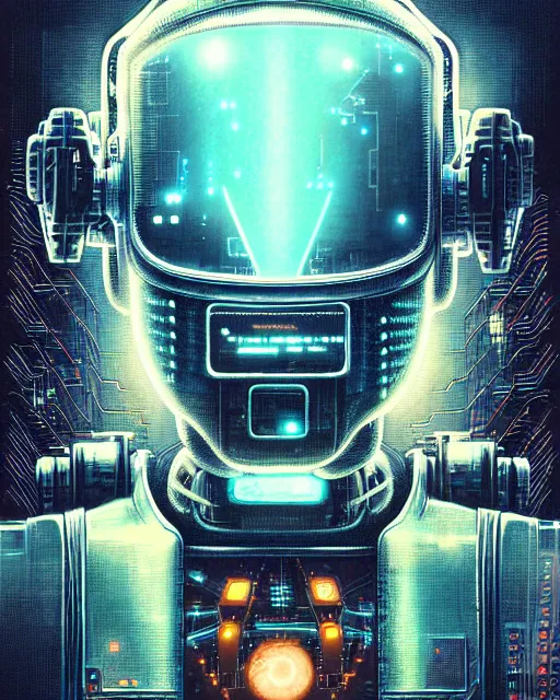 Image similar to cyberpunk robot, character portrait, portrait, close up, concept art, intricate details, soft glow, highly detailed, vintage sci - fi poster, in the style of chris foss, rodger dean, moebius, michael whelan, and gustave dore