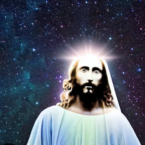 Image similar to ethereal photo of Jesus, galaxies in the background