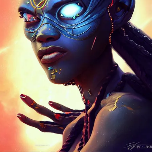 Image similar to african space pirate, science fiction, highly detailed, digital painting, beautiful eyes, symmetry, concept art, sharp focus, illustration, global illumination, radiant light, detailed and intricate environment, art by artgerm and greg rutkowski and magali villeneuve and ilya kuvshinov!