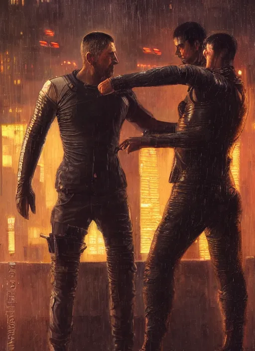 Image similar to blade runner fighting androids ( blade runner 2 0 4 9, cyberpunk 2 0 7 7 character design ). orientalist portrait by john william waterhouse and james gurney and theodore ralli and nasreddine dinet, oil on canvas. cinematic, hyper realism, realistic proportions, dramatic lighting, high detail 4 k