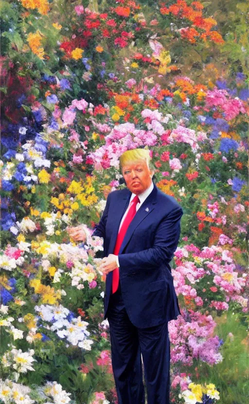 Image similar to romantic photorealistic portrait painting of donald trump surrounded by beautiful flowers, by gregory manchess, james gurney, james jean