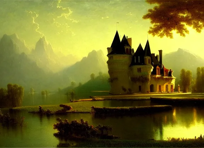 Image similar to beautiful illustration of chateau in a serene landscape, by albert bierstadt, magic realism, narrative realism, beautiful matte painting, heavenly lighting, retrowave, 4 k hd wallpaper h 7 2 0