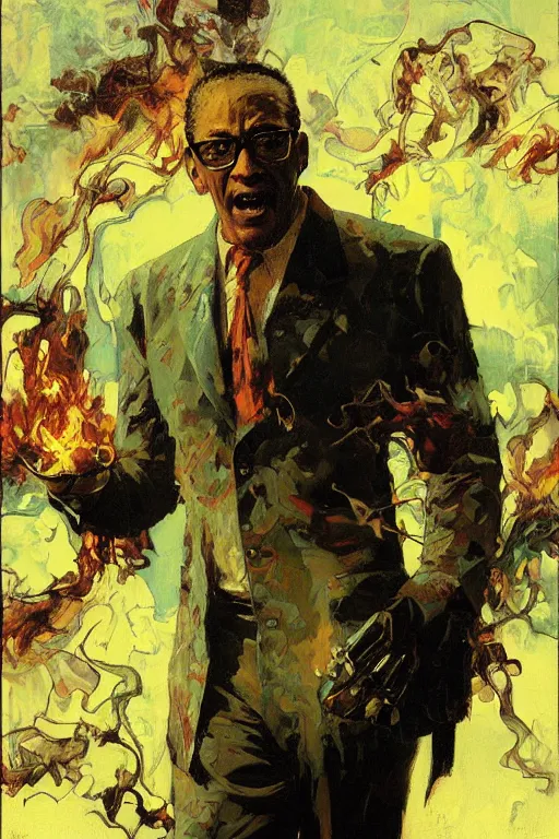 Image similar to gus fring screaming, explosion, exploding, flames, motion lines, action lines, painting by'phil hale '!!! gaston bussiere, craig mullins, greg rutkowski, alphonse mucha,