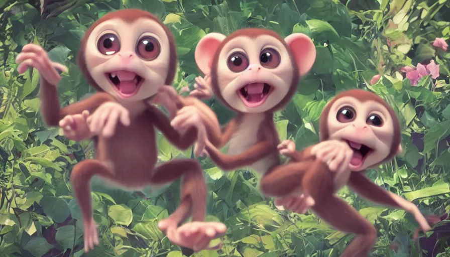 Image similar to very very very cute baby monkeys by Max Kostenko and Bobby Chiu, disney, pixar, MPC, Framestore, character design for animation, uplight, a lineup of characters, big disney eyes, symmetrical eyes, cuteness, 3d render, octane rendered, rendered by maya and houdini, highly detailed, unreal engine, Trending on Artstation, octane render, 4k, 8k, HD