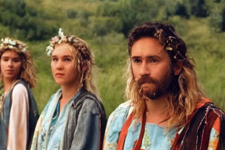 Image similar to vhs 1 9 8 0 s film of a scene from the movie midsommar directed by ari aster