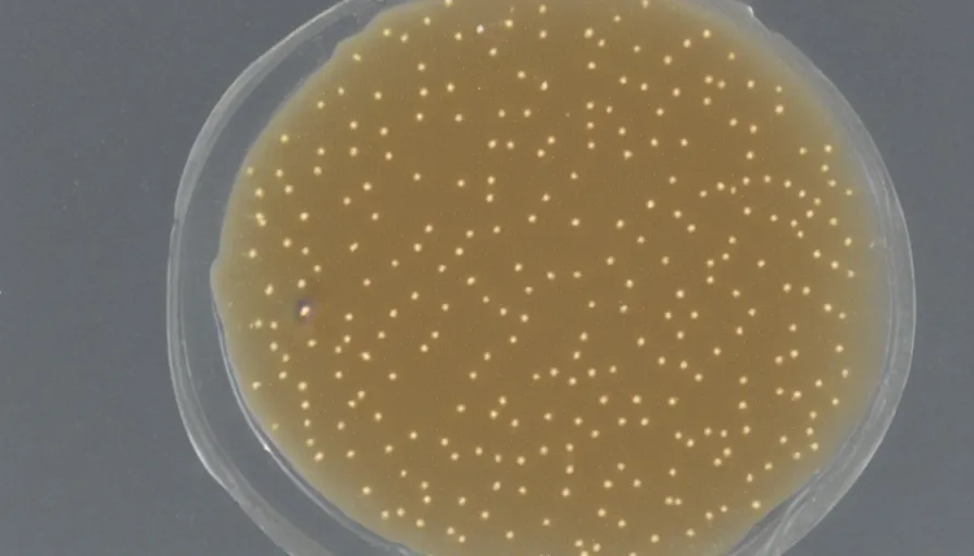 Prompt: light brown bacterial colonies with defined edges growing on mueller-hinton agar culture medium in a petri dish