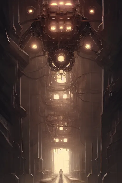 Image similar to professional concept art symmetrical portrait of a ominous floating!! mechanical terrifying!! species thing in a dark room by artgerm and greg rutkowski. an intricate, elegant, highly detailed digital painting, concept art, smooth, sharp focus, illustration, in the style of cam sykes.