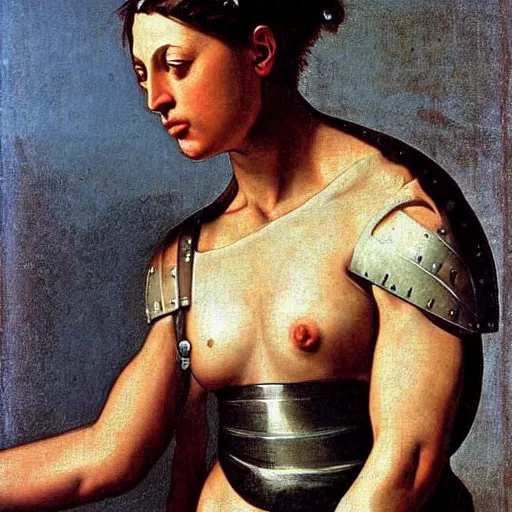 Prompt: muscular female greek warrior, by caravaggio
