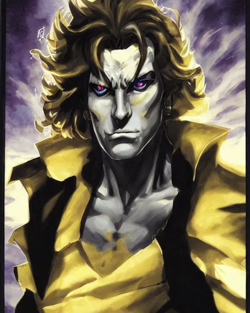 Image similar to portrait of dio from jojo bizzare adventure painted by hirohiko araki and greg rutkowski