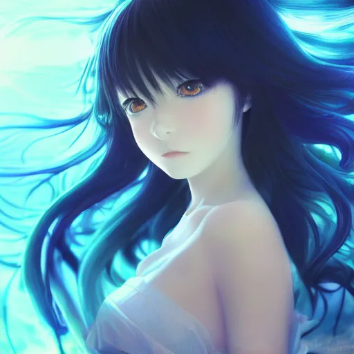 Image similar to advanced digital photograph, a anime girl traversing liminal space, full body, very long black hair, azure blue watery eyes, full round face, cinematic lighting, medium shot, mid-shot, highly detailed, trending on artstation, Unreal Engine 4k, Stanley Artgerm Lau, WLOP, Rossdraws, James Jean, Andrei Riabovitchev, Marc Simonetti, and Sakimichan