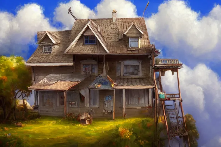 Image similar to A hyperdetailed digital oil painting of a house in the clouds,ladder,cartoon, Trending on ArtStation and DeviantArt