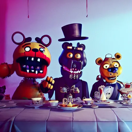 Image similar to a five nights at freddy's animatronic having an intense tea party with the queen of england, octane render / source, oil painting, trending on artstation, rossdraws