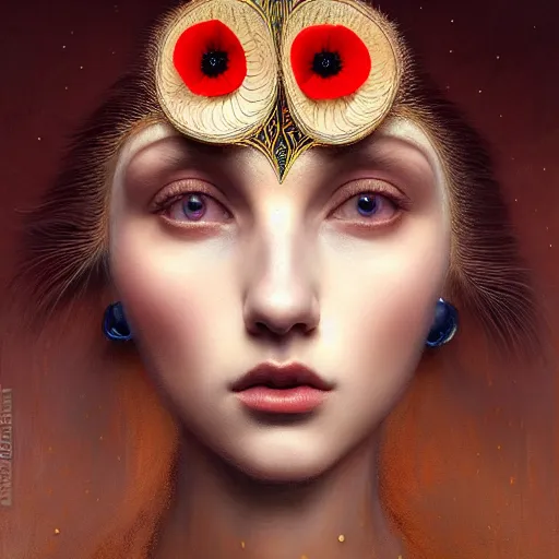 Prompt: portrait of a gorgeous young poppy queen, uniquely beautiful, surreal, fantasy, ornamental, intricate, elegant, dramatic lighting, emotionally evoking symbolic metaphor, highly detailed, lifelike, photorealistic, digital painting, artstation, concept art, smooth, sharp focus, illustration, art by John Collier and Krenz Cushart and Artem Demura and Alphonse Mucha and Albert Aublet