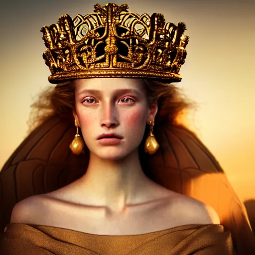 Image similar to photographic portrait of a stunningly beautiful princess renaissance female, with a golden ornate crown, in soft dreamy light at sunset, contemporary fashion shoot, by edward robert hughes, annie leibovitz and steve mccurry, david lazar, jimmy nelsson, extremely detailed, breathtaking, hyperrealistic, perfect face, octane render