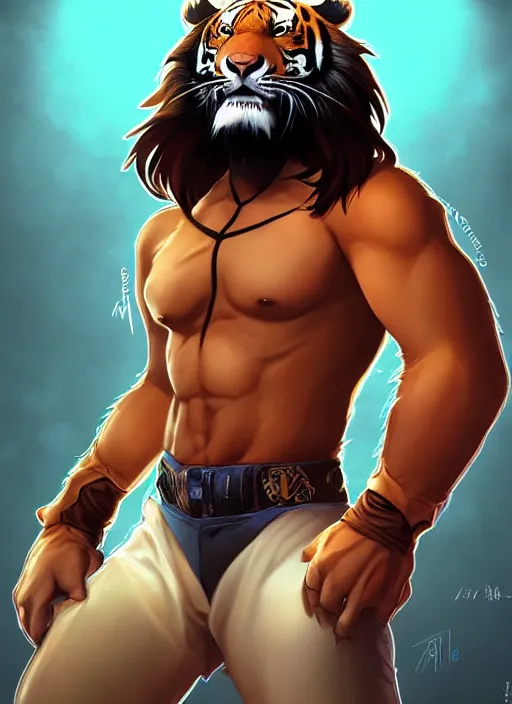 Image similar to character portrait of a male anthro Tiger fursona dressed like Macho Man Randy Savage in a futuristic wrestling ring. Character design by charlie bowater, ross tran, artgerm, and makoto shinkai, detailed, inked, western comic book art