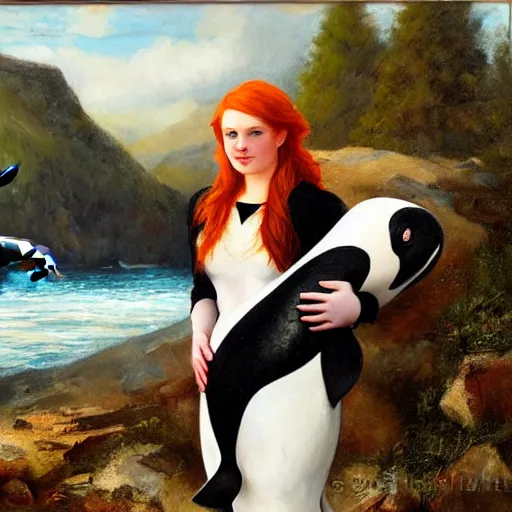 Prompt: a portrait of a red headed young woman hugging an orca whale in a scenic environment by Gerhartz, Daniel F.