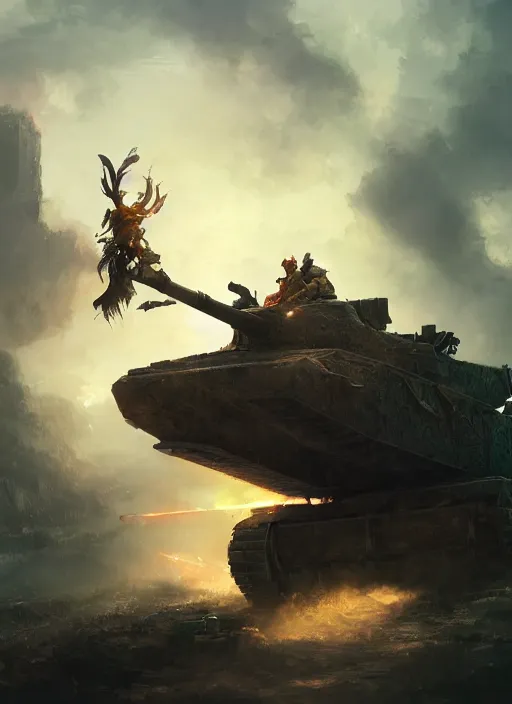 Image similar to side profile of a filipino man sitting on a tank holding a scepter eating popcorn, fantasy, digital painting, volumetric light, intricate, sharp, focus, bloom, illustration, highly detailed, concept art, matte, ruan jia, randy vargas, greg rutkowski