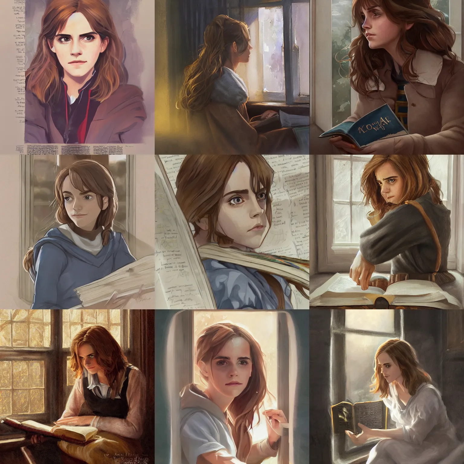 Prompt: portrait of Emma Watson as Hermione Granger sitting next to a window reading a book, focused expression, face focus, golden hour, art by Kenne Gregoire and Krenz Cushart, trending on artstation