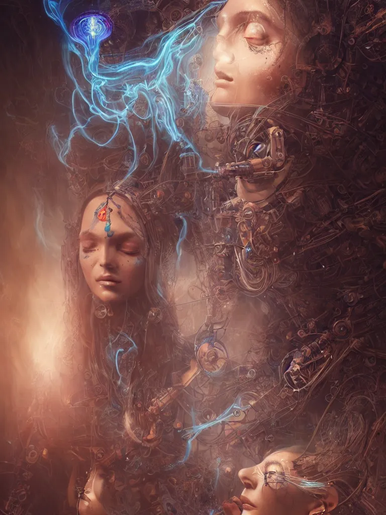 Image similar to an ancient mystical alluring female shaman generating flowing energy and surrounded by wisps of incense smoke sits meditating in a magical cybernetic robot temple, face face face, by karol bak and artgerm, 3 d, cinema 4 d render, trending on artstation